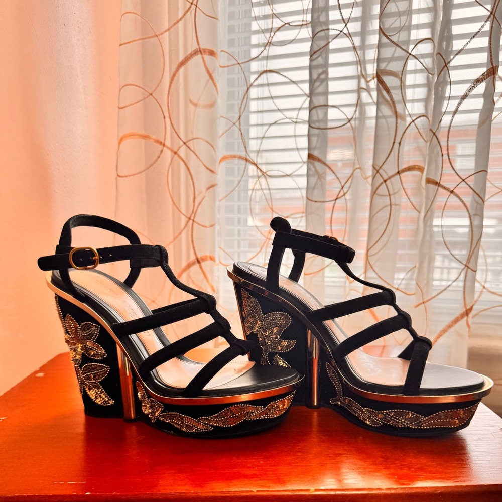 Alexander McQueen Black and Gold Platform Sandals
